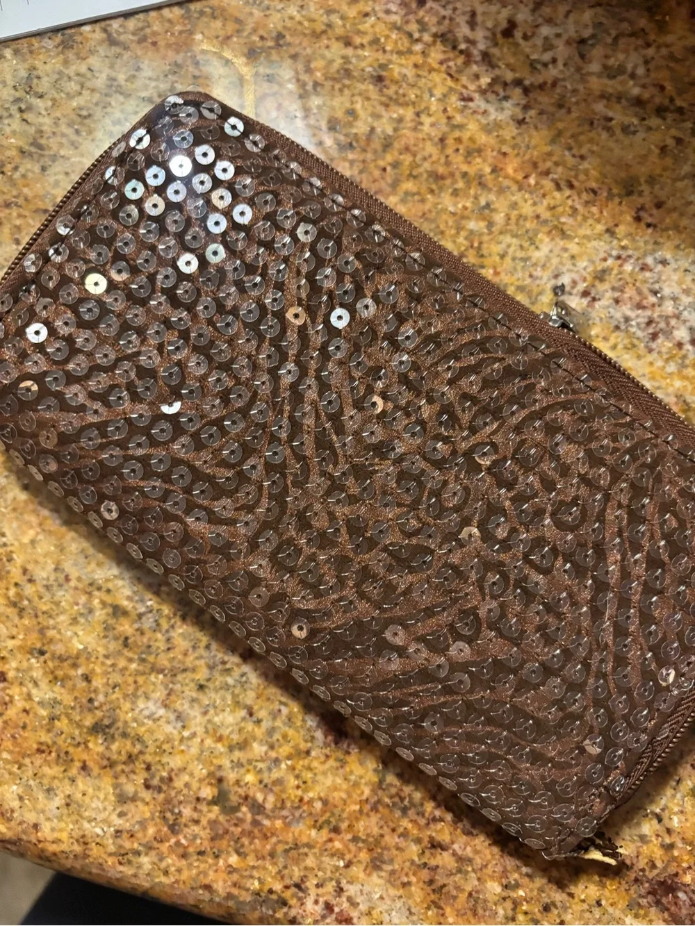 Sequin-Embellished Brown Zip Wallet